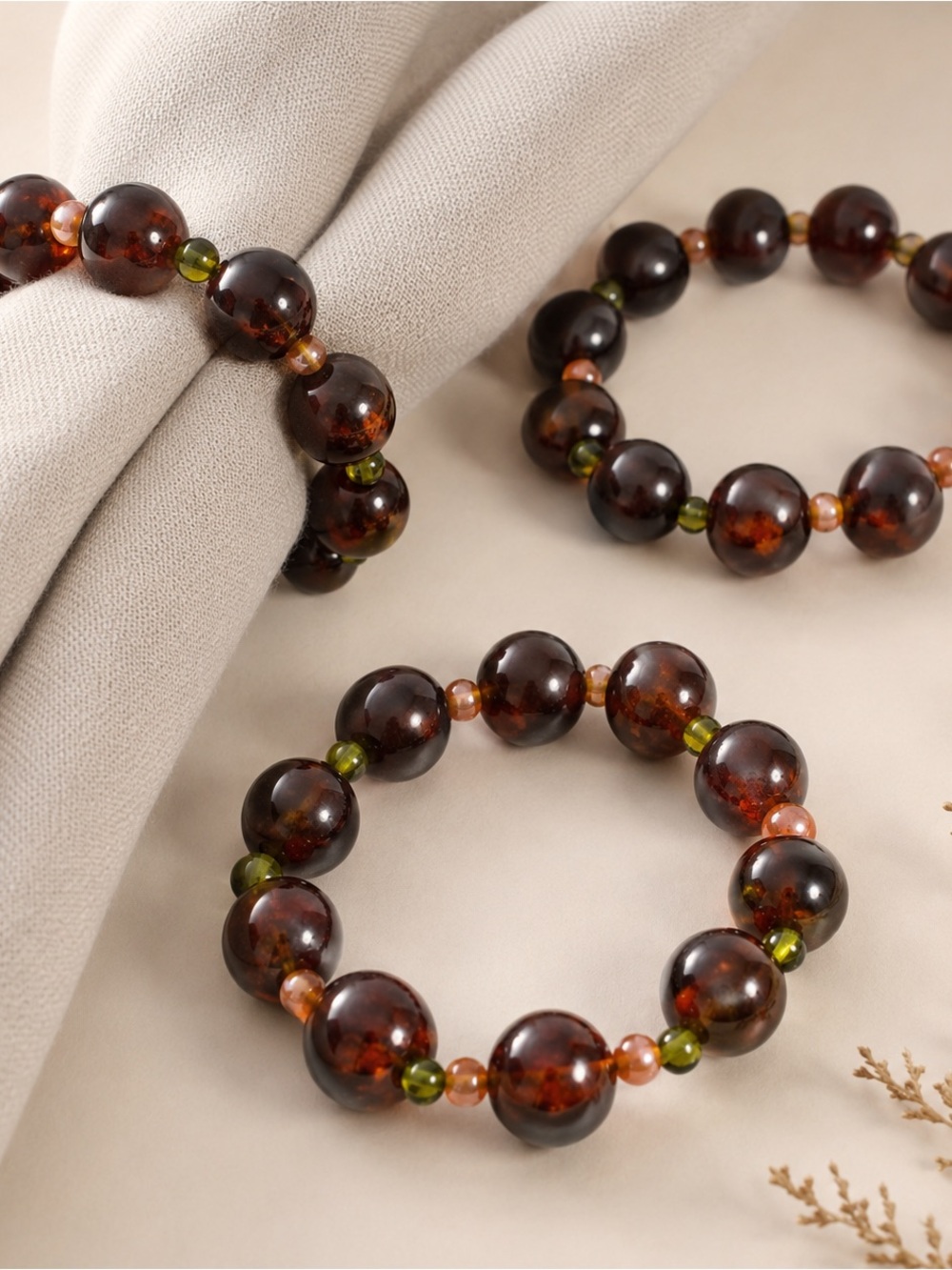 Boho Glass Bead Napkin Rings Set 6 Cherry Amber & Green Artisan Table Decor
